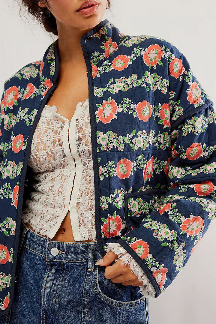 Mirla | Lätt blommig väska patchwork kontrast mandarin krage ytterkläder - 12 färger-Eva Jonsson