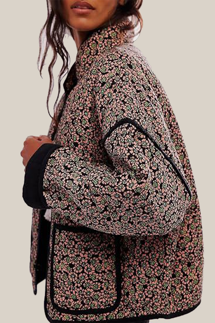 Mirla | Lätt blommig väska patchwork kontrast mandarin krage ytterkläder - 12 färger-Eva Jonsson