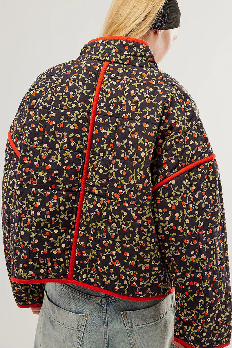 Mirla | Lätt blommig väska patchwork kontrast mandarin krage ytterkläder - 12 färger-Eva Jonsson