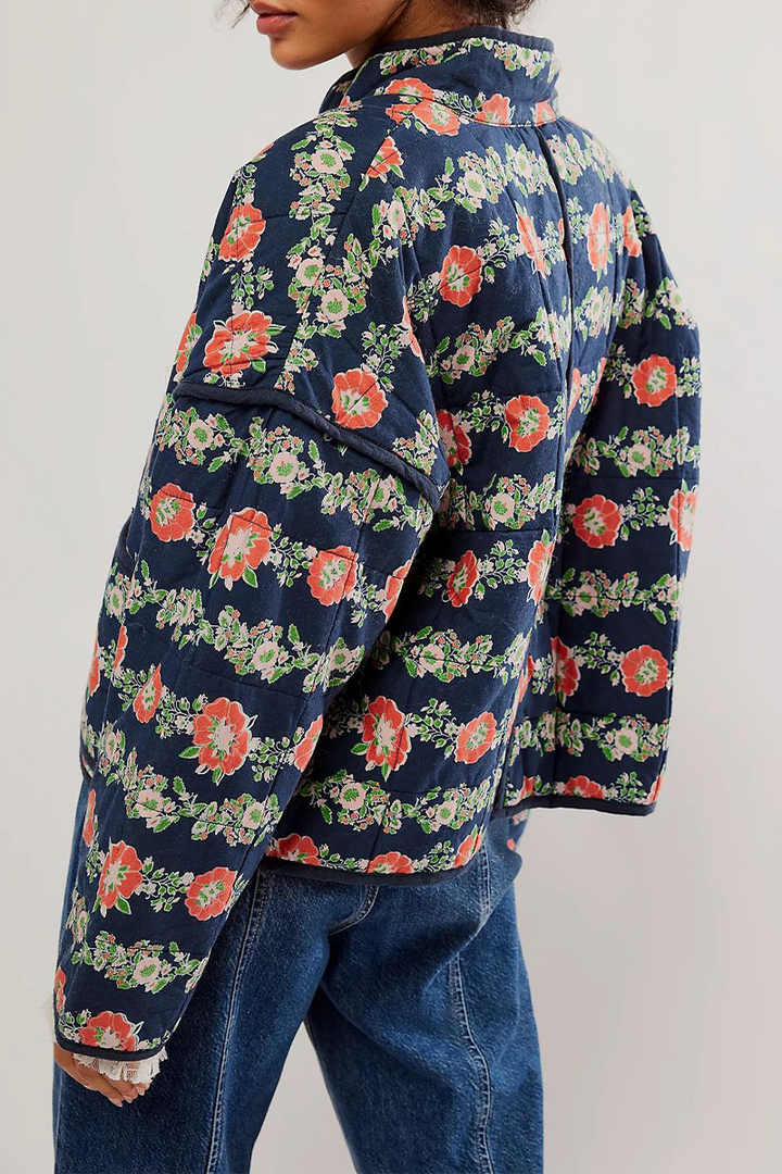 Mirla | Lätt blommig väska patchwork kontrast mandarin krage ytterkläder - 12 färger-Eva Jonsson