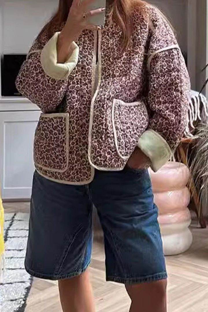 Mirla | Lätt blommig väska patchwork kontrast mandarin krage ytterkläder - 12 färger-Eva Jonsson