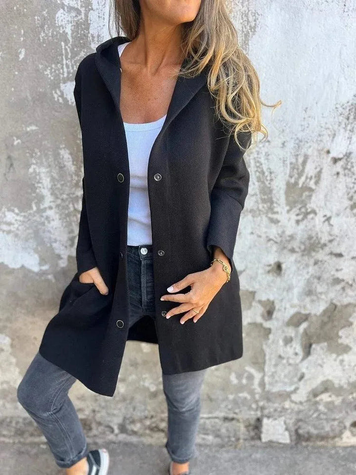 Mirla | Lättsam Enknäppt Cardigan med Huva-Eva Jonsson