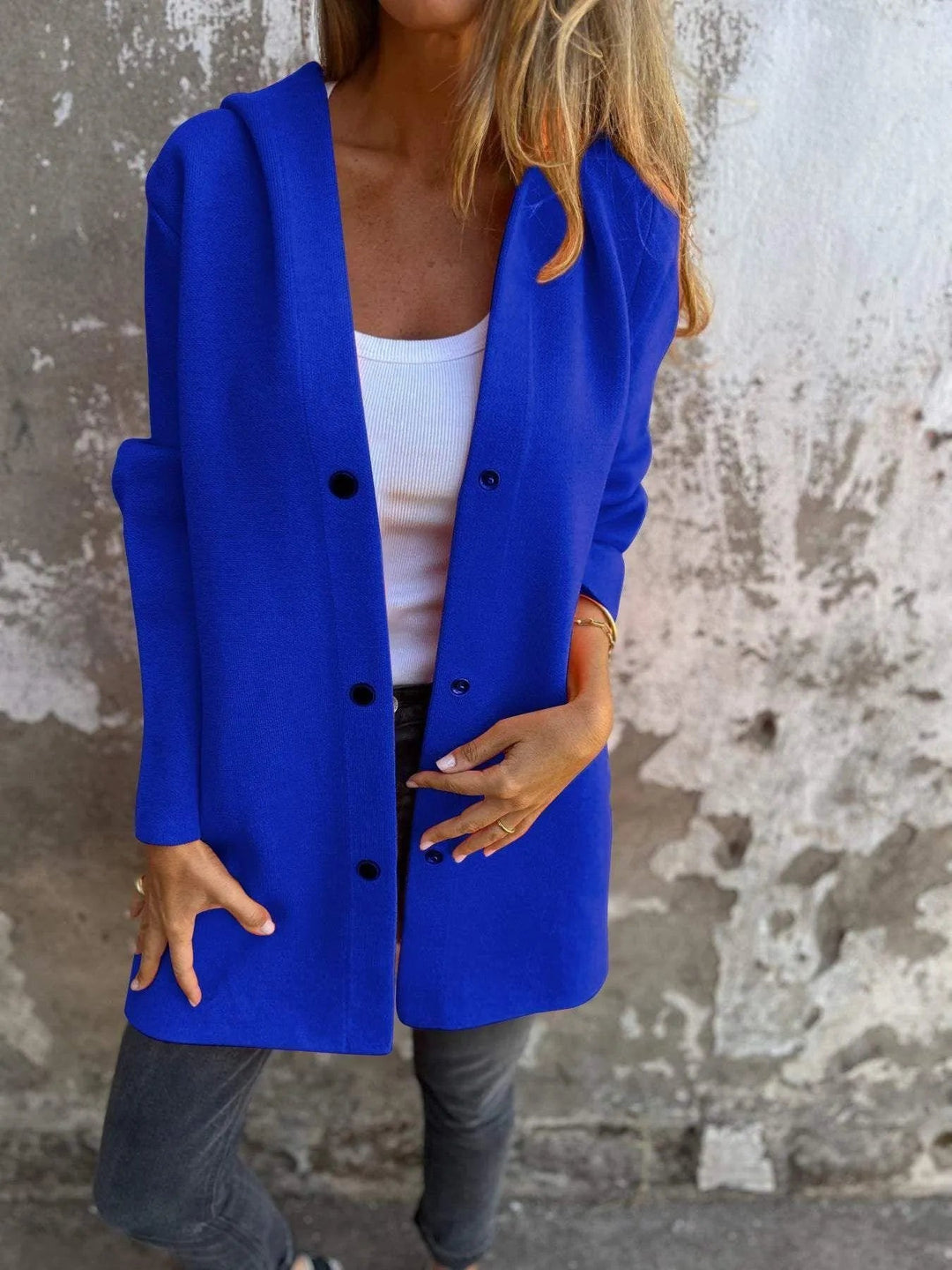Mirla | Lättsam Enknäppt Cardigan med Huva-Eva Jonsson