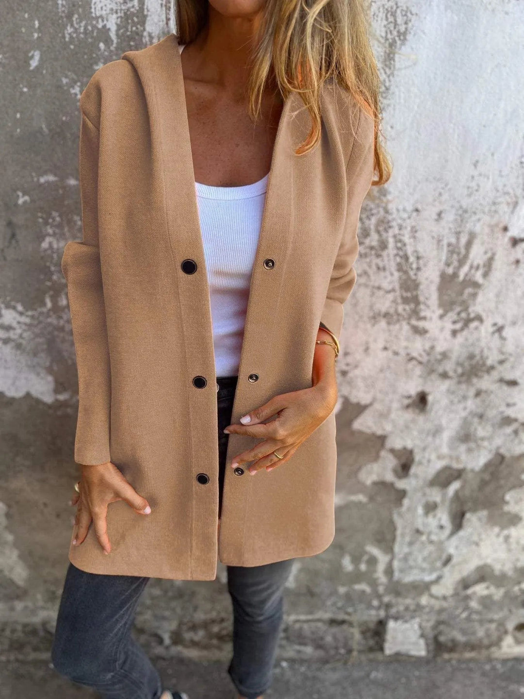 Mirla | Lättsam Enknäppt Cardigan med Huva-Eva Jonsson