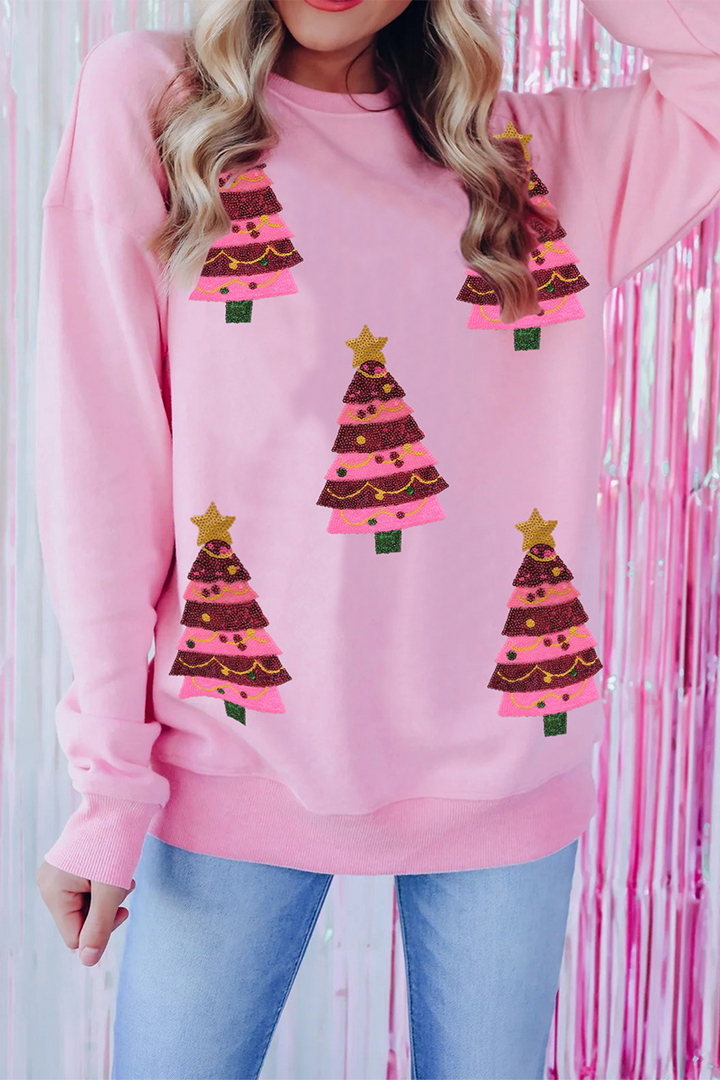 Mirla | Lättsam Julgran Broderade Paljetter Rundhalsad Sweatshirt-Eva Jonsson