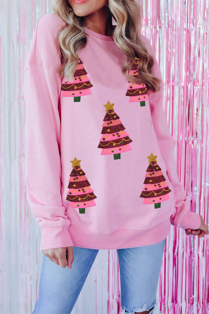 Mirla | Lättsam Julgran Broderade Paljetter Rundhalsad Sweatshirt-Eva Jonsson
