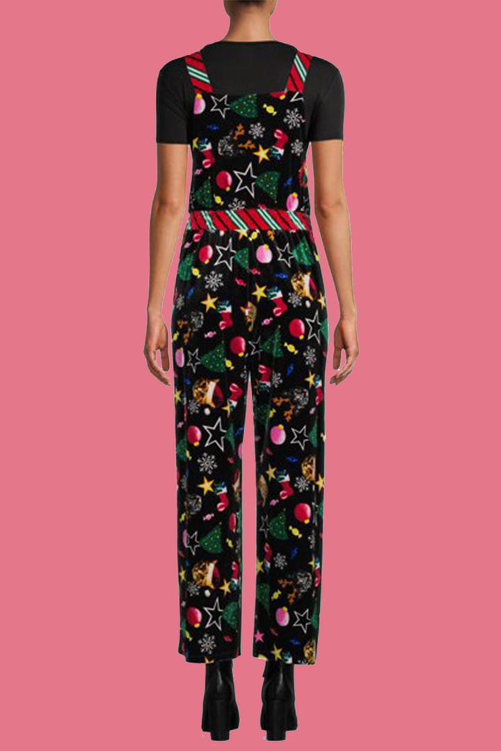 Mirla | Lättsam Wapiti Snöflingor Julgran Tryckt Patchwork Fyrkantig Krage Lös Overall-Eva Jonsson