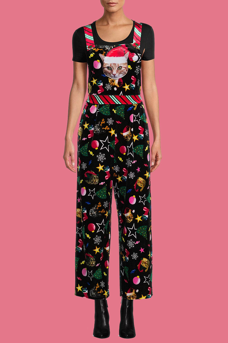 Mirla | Lättsam Wapiti Snöflingor Julgran Tryckt Patchwork Fyrkantig Krage Lös Overall-Eva Jonsson
