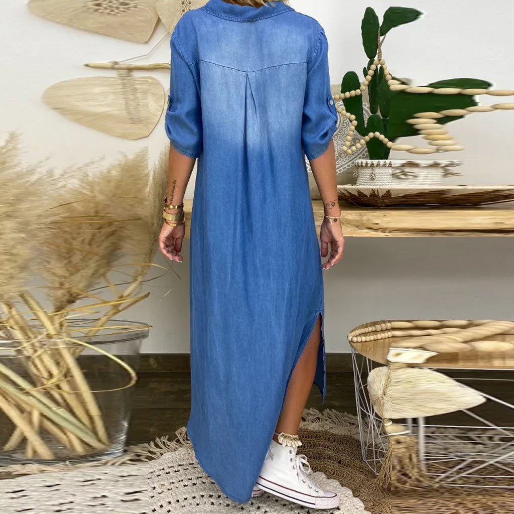 Mirla | Lättsam denim maxiklänning med krage för damer-Eva Jonsson