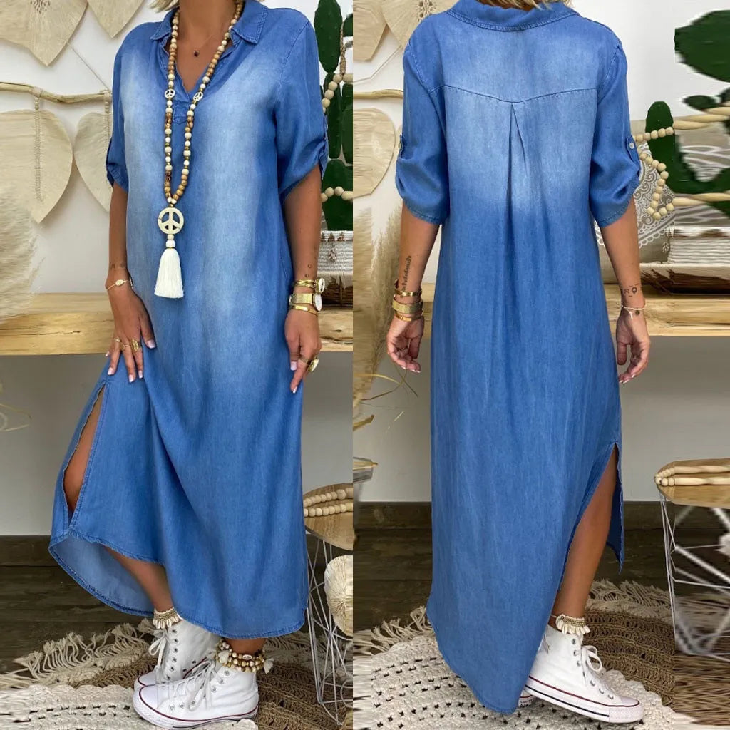 Mirla | Lättsam denim maxiklänning med krage för damer-Eva Jonsson