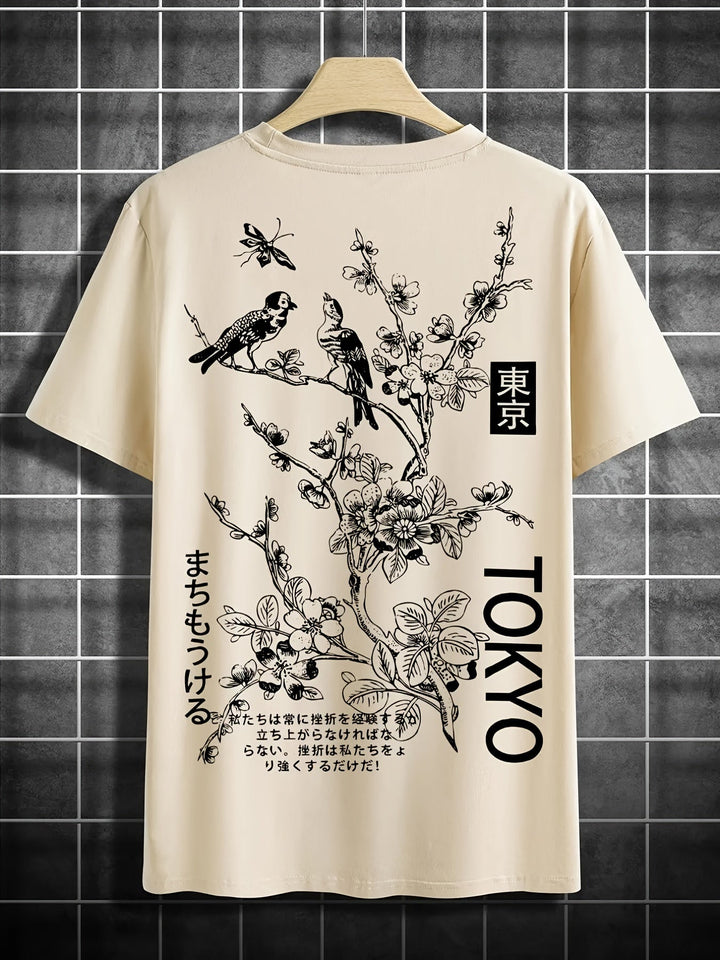 Mirla | Lättsamt herr T-shirt med blommor och fågeltryck-Eva Jonsson
