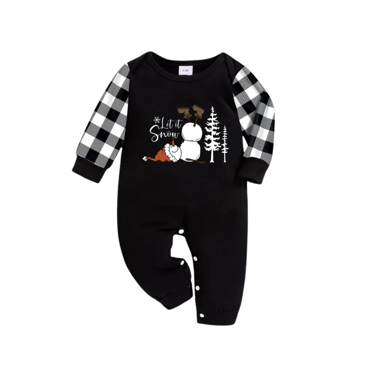 Mirla | Let It Snow Text And Snowman Print Black And White Checked Family Pajama-Eva Jonsson
