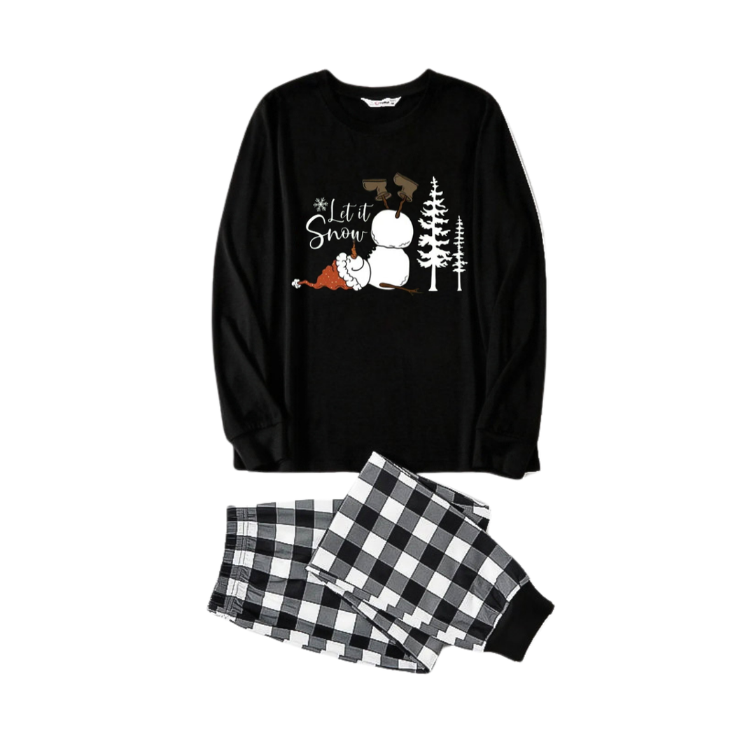Mirla | Let It Snow Text And Snowman Print Black And White Checked Family Pajama-Eva Jonsson