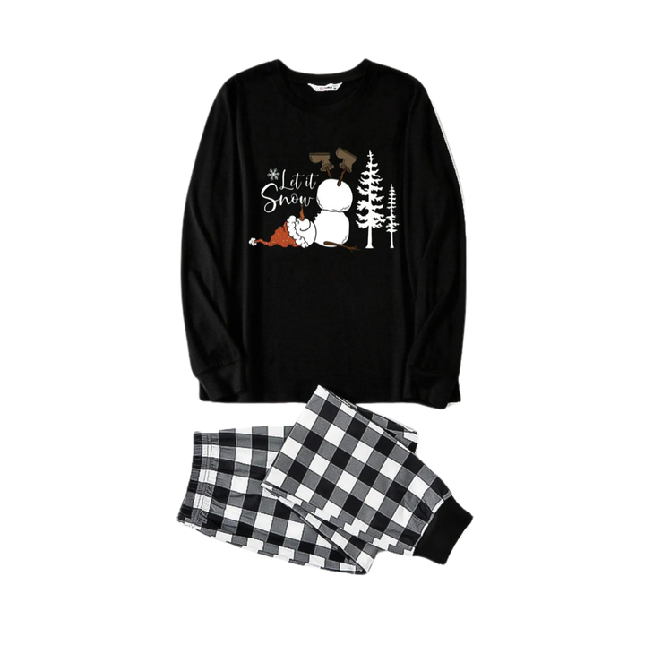 Mirla | Let It Snow Text And Snowman Print Black And White Checked Family Pajama-Eva Jonsson
