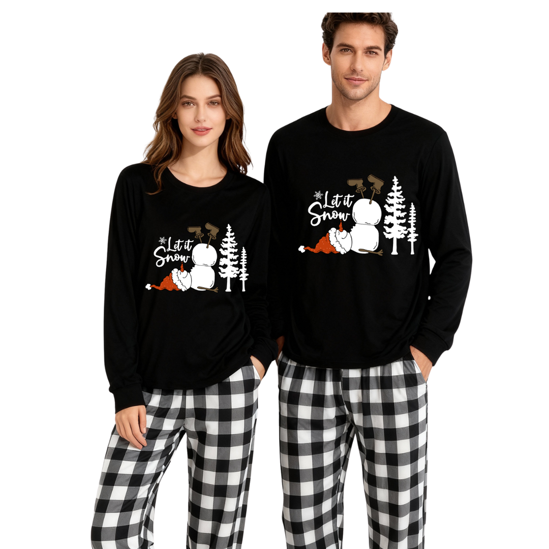 Mirla | Let It Snow Text And Snowman Print Black And White Checked Family Pajama-Eva Jonsson