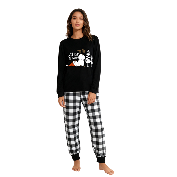 Mirla | Let It Snow Text And Snowman Print Black And White Checked Family Pajama-Eva Jonsson