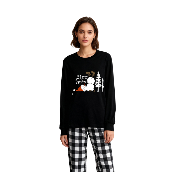 Mirla | Let It Snow Text And Snowman Print Black And White Checked Family Pajama-Eva Jonsson