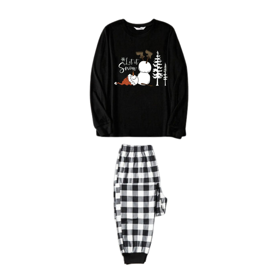 Mirla | Let It Snow Text And Snowman Print Black And White Checked Family Pajama-Eva Jonsson