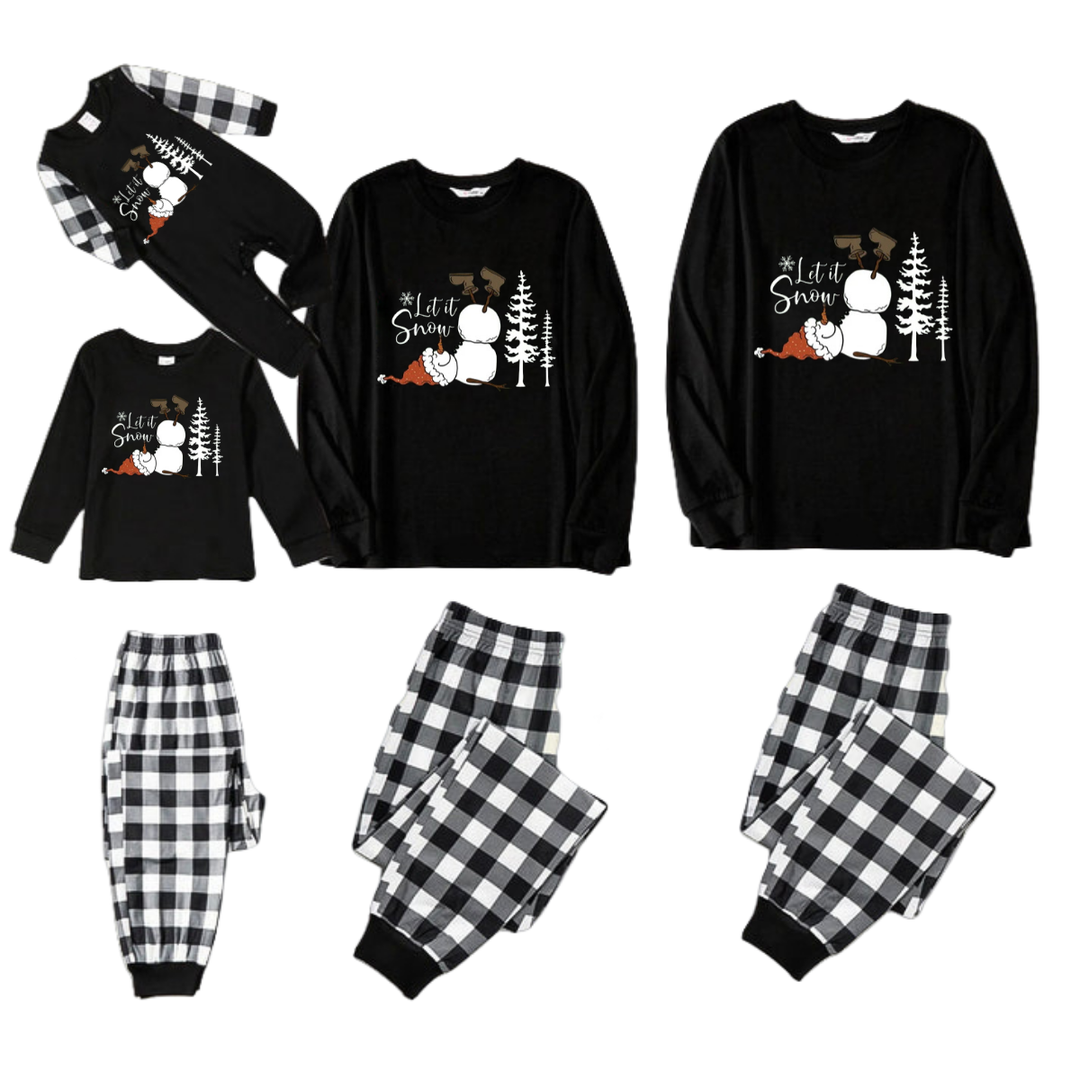 Mirla | Let It Snow Text And Snowman Print Black And White Checked Family Pajama-Eva Jonsson