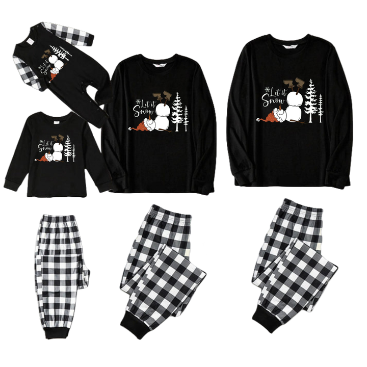 Mirla | Let It Snow Text And Snowman Print Black And White Checked Family Pajama-Eva Jonsson