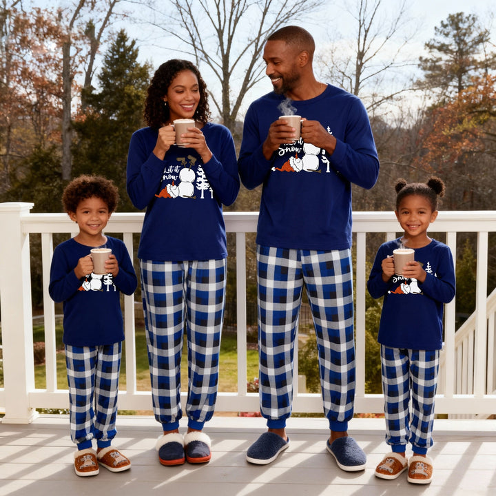 Mirla | Let It Snow Text And Snowman Printed Blue And White Checkered Family Matching Pajamas-Eva Jonsson