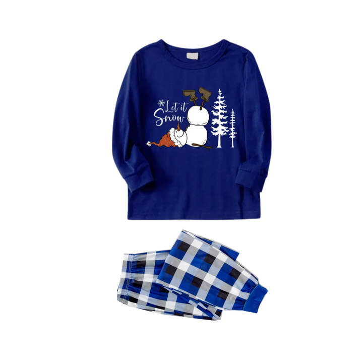 Mirla | Let It Snow Text And Snowman Printed Blue And White Checkered Family Matching Pajamas-Eva Jonsson