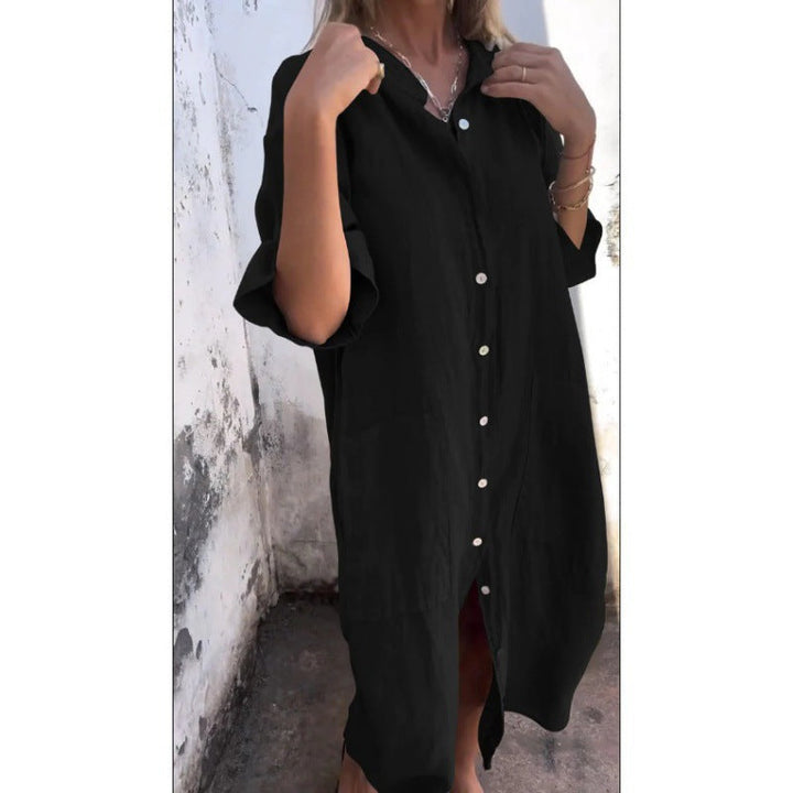 Mirla | Loose Casual Cotton-Linen Shirt Dress with Half Sleeves-Eva Jonsson
