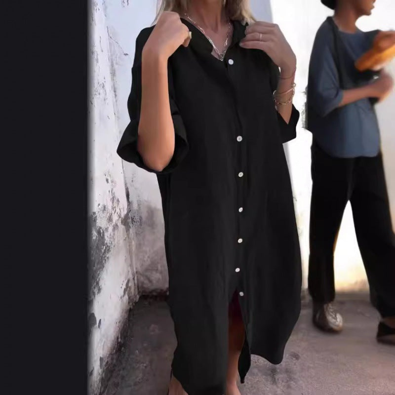 Mirla | Loose Casual Cotton-Linen Shirt Dress with Half Sleeves-Eva Jonsson