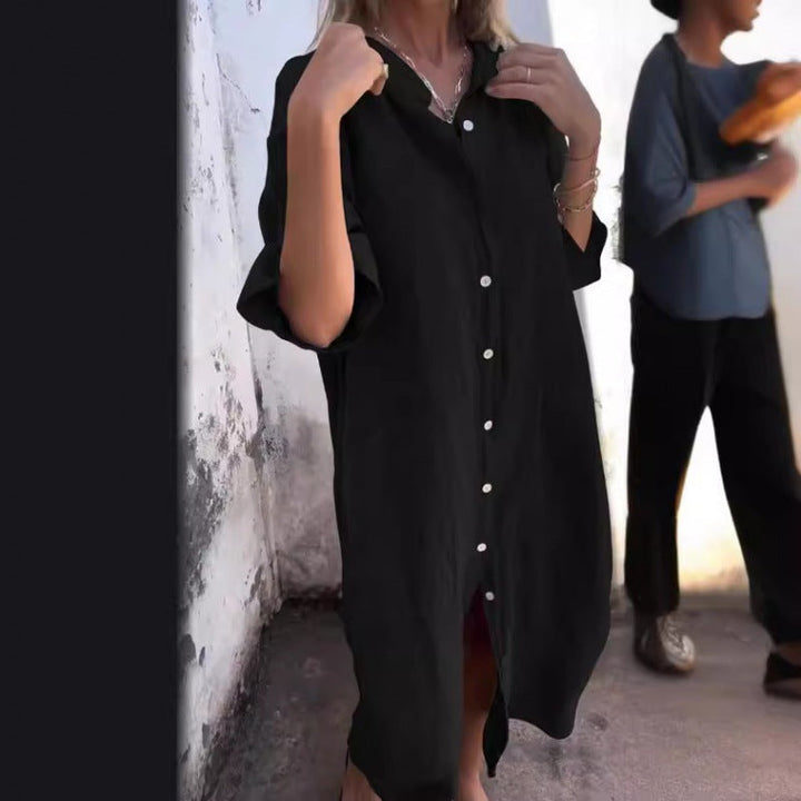 Mirla | Loose Casual Cotton-Linen Shirt Dress with Half Sleeves-Eva Jonsson