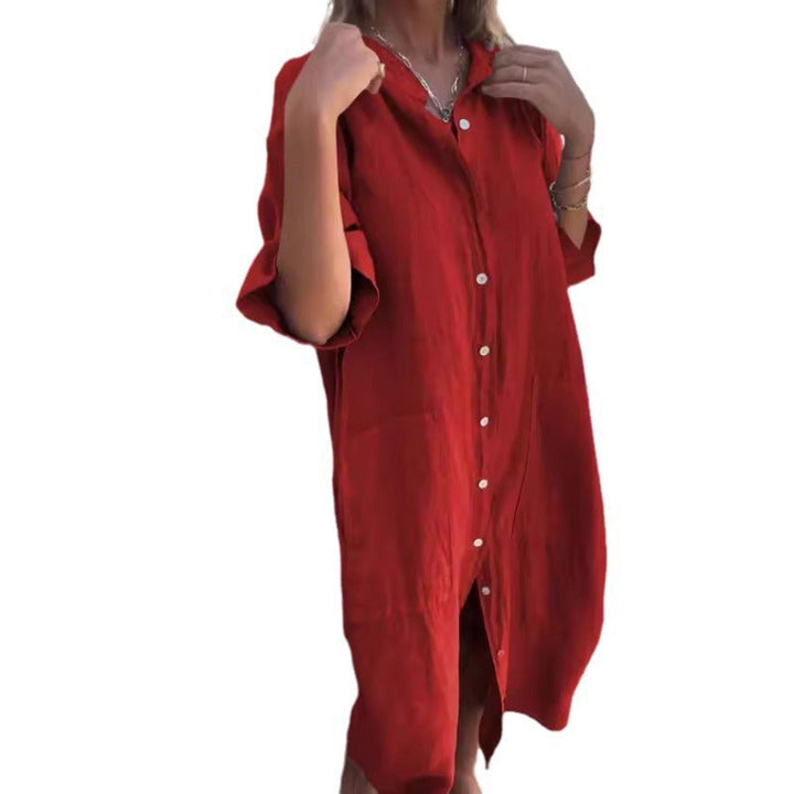 Mirla | Loose Casual Cotton-Linen Shirt Dress with Half Sleeves-Eva Jonsson