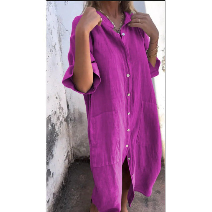 Mirla | Loose Casual Cotton-Linen Shirt Dress with Half Sleeves-Eva Jonsson