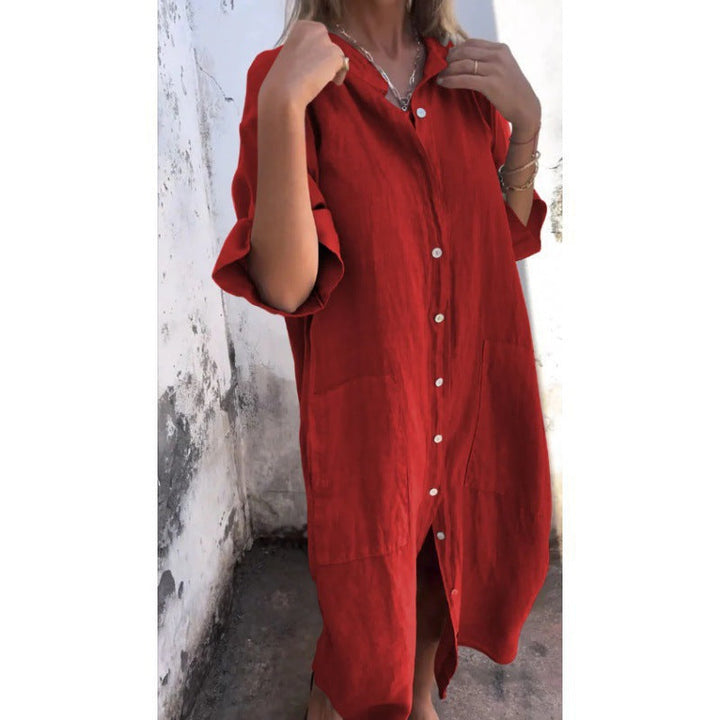 Mirla | Loose Casual Cotton-Linen Shirt Dress with Half Sleeves-Eva Jonsson