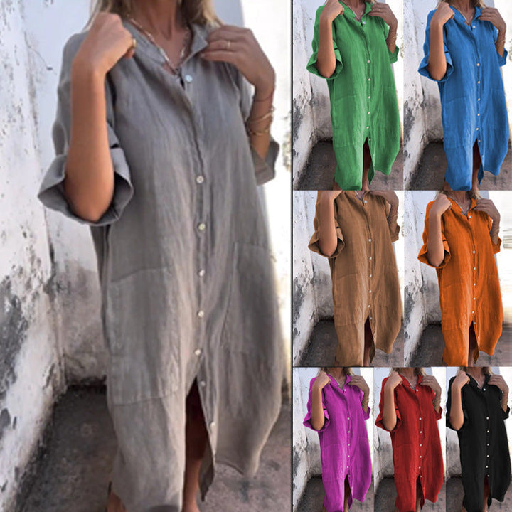Mirla | Loose Casual Cotton-Linen Shirt Dress with Half Sleeves-Eva Jonsson