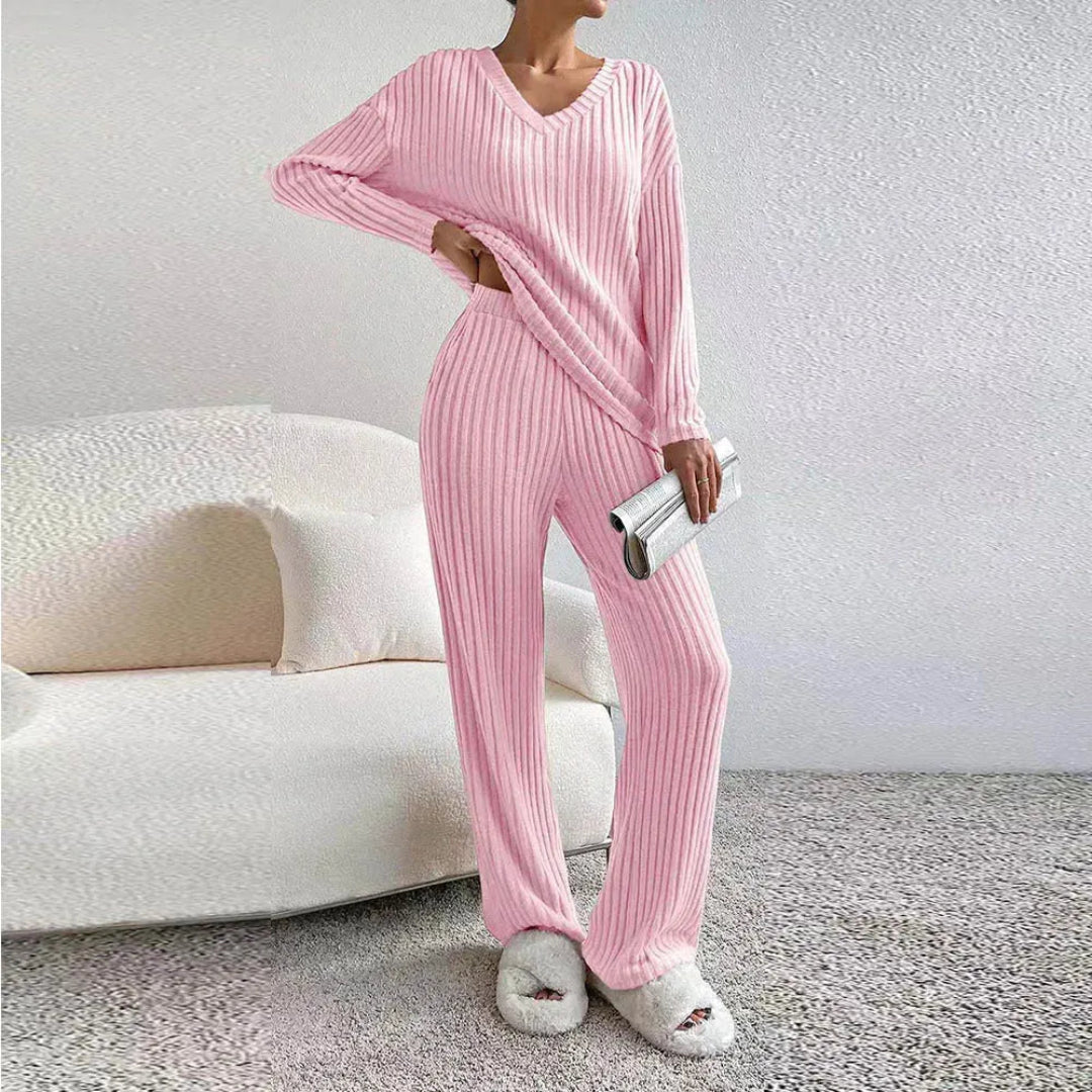 Mirla | Loungewear-Set I Bomullsmix med V-Ringning och Vida Byxor-Eva Jonsson