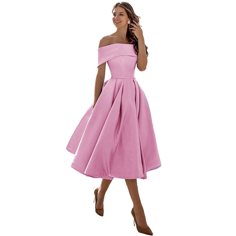 Mirla | Mångsidig Off-Shoulder Satin Klänning för Fester-Eva Jonsson