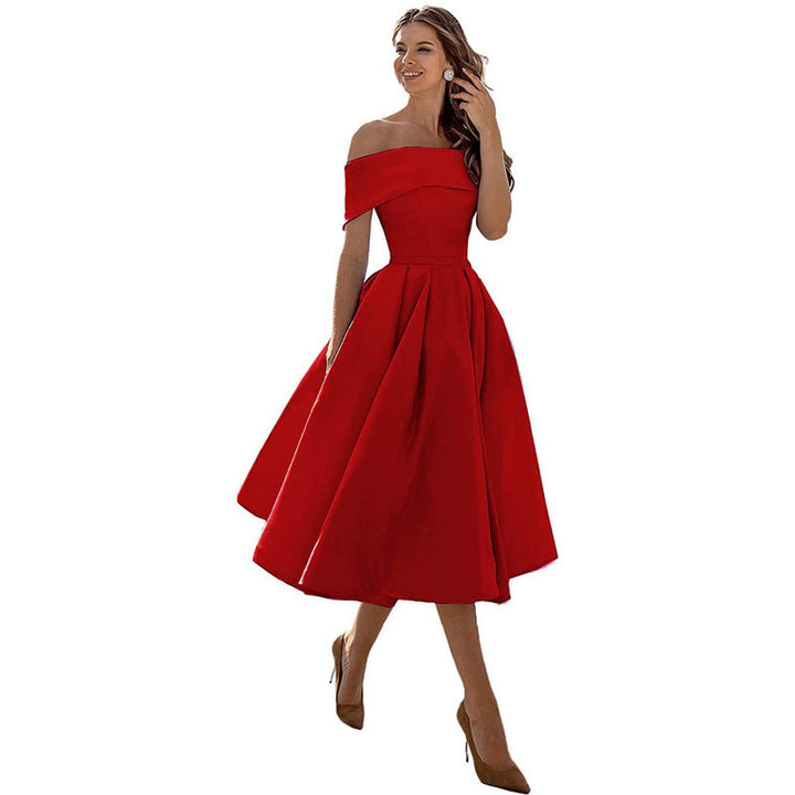 Mirla | Mångsidig Off-Shoulder Satin Klänning för Fester-Eva Jonsson