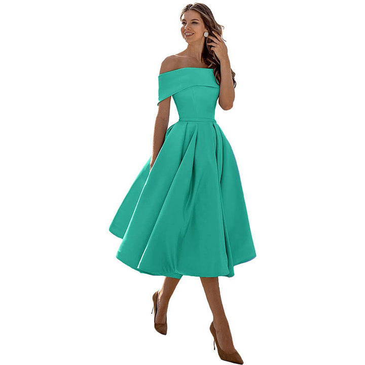 Mirla | Mångsidig Off-Shoulder Satin Klänning för Fester-Eva Jonsson