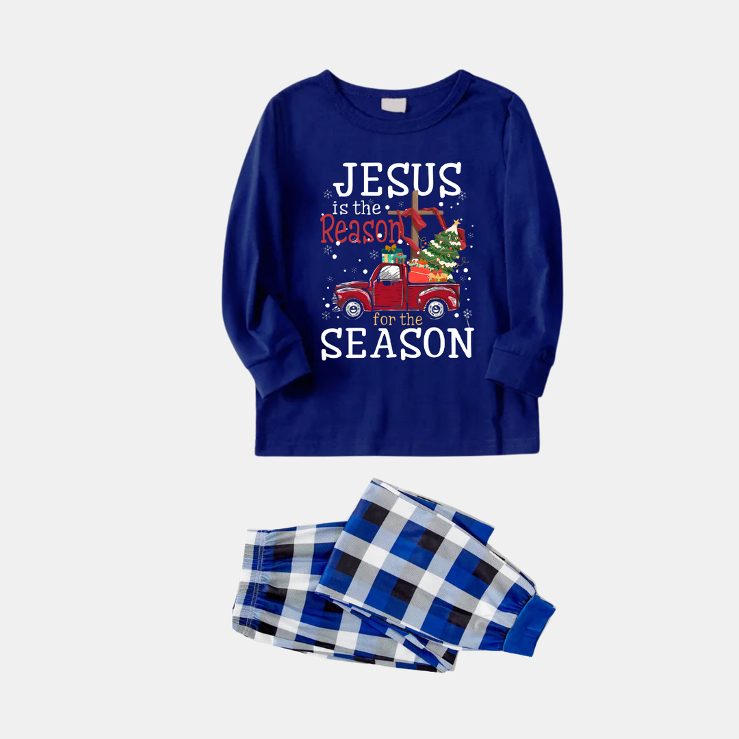 Mirla | Marinblå & Vit Rutigt Julpyjamasset med Jesus Är Anledningen Till Säsongen Texttryck-Eva Jonsson