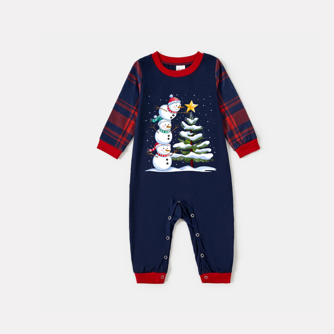 Mirla | Marinblå och Röd Rutig Julpyjamas-Set med Snögubbe- och Julgranstryck-Eva Jonsson