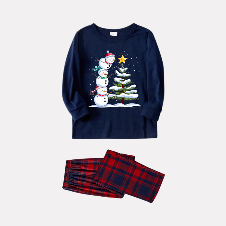 Mirla | Marinblå och Röd Rutig Julpyjamas-Set med Snögubbe- och Julgranstryck-Eva Jonsson