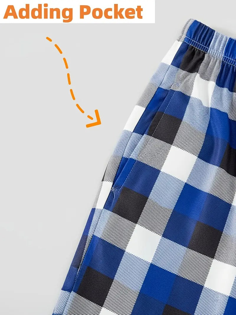 Mirla | Marinblå och Vit Rutigt Jul Pyjamasset med Snögubbe- och Julgranstryck-Eva Jonsson