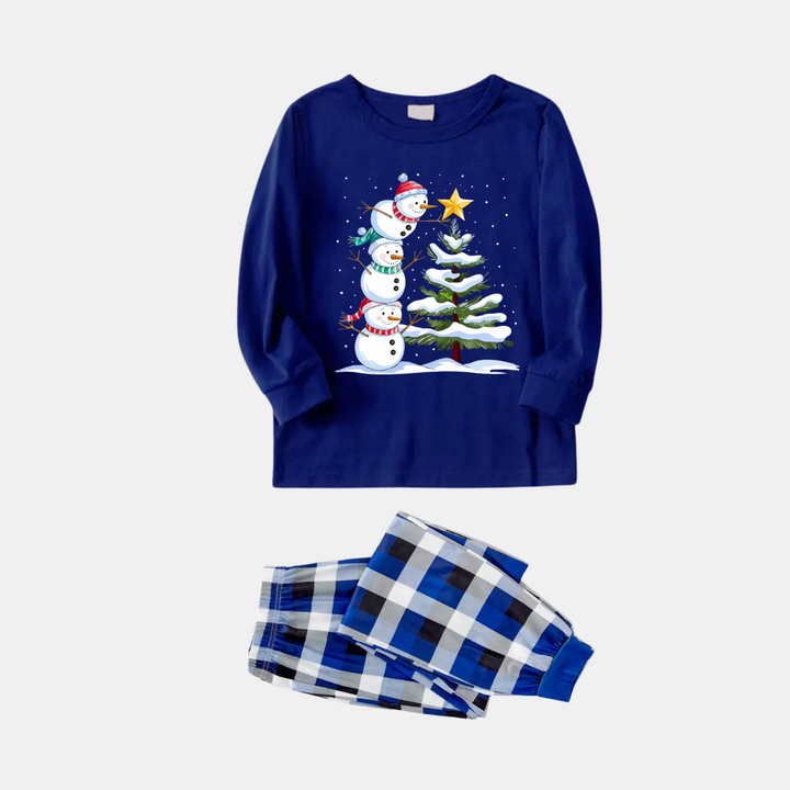 Mirla | Marinblå och Vit Rutigt Jul Pyjamasset med Snögubbe- och Julgranstryck-Eva Jonsson
