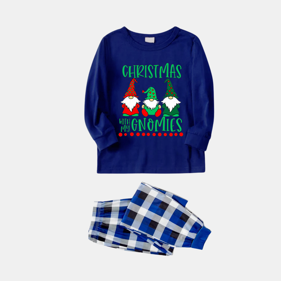 Mirla | Marinblått och Vitt Rutigt Julpyjamas-Set med Texttryck Jul med Mina Gnomies-Eva Jonsson