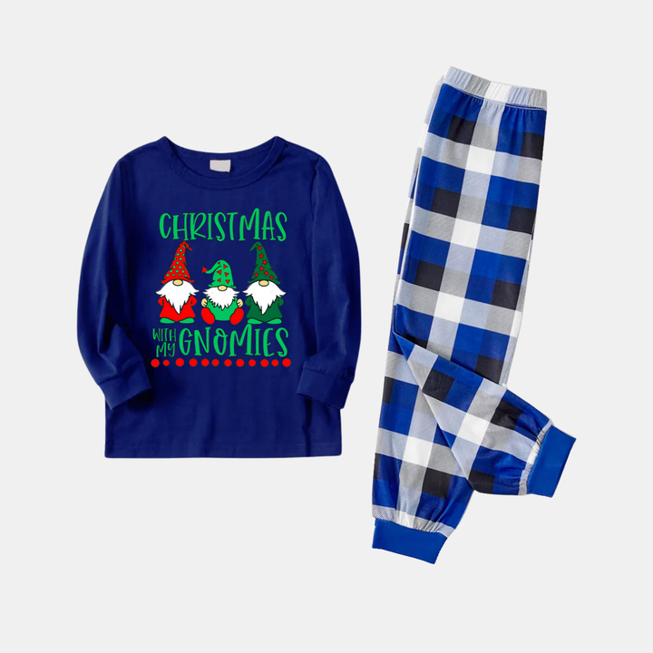 Mirla | Marinblått och Vitt Rutigt Julpyjamas-Set med Texttryck Jul med Mina Gnomies-Eva Jonsson