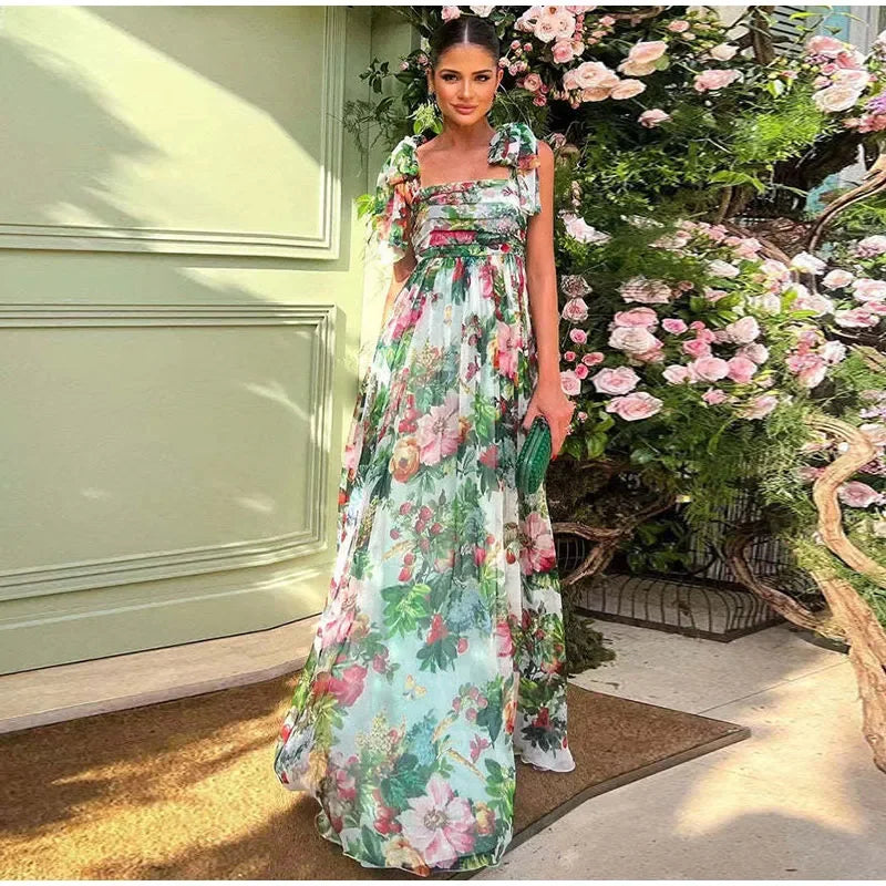 Mirla | Maxi Klänning Elegant Utan Rygg med Blommönster-Eva Jonsson