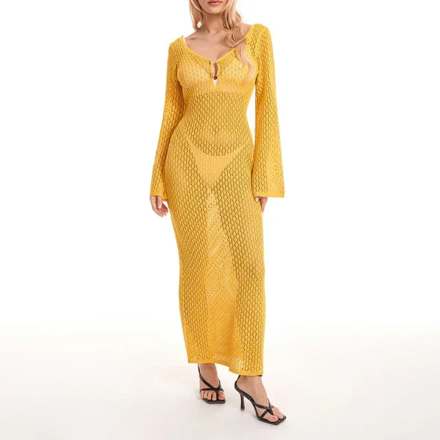 Mirla | Maxi Stickad Klänning Häktextur V-Urringning Lång Ärmar Flödande Boho Stil-Eva Jonsson
