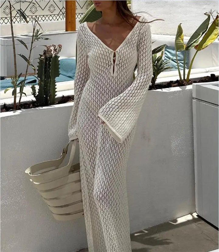 Mirla | Maxi Stickad Klänning Häktextur V-Urringning Lång Ärmar Flödande Boho Stil-Eva Jonsson