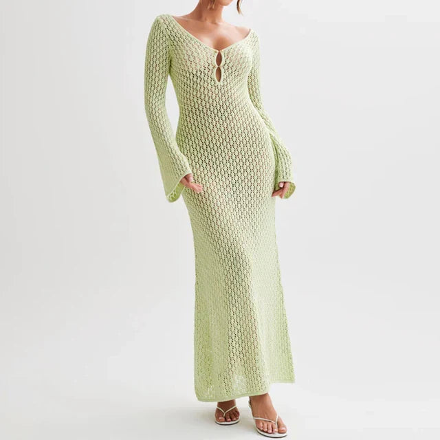 Mirla | Maxi Stickad Klänning Häktextur V-Urringning Lång Ärmar Flödande Boho Stil-Eva Jonsson