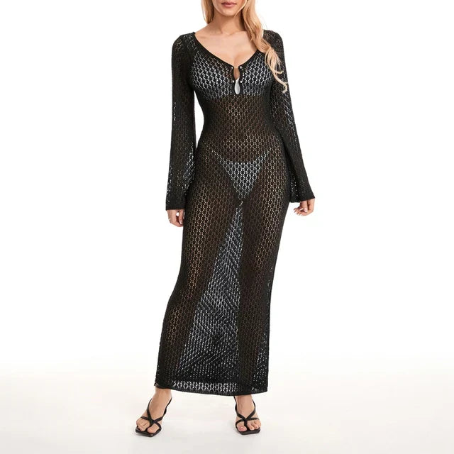 Mirla | Maxi Stickad Klänning Häktextur V-Urringning Lång Ärmar Flödande Boho Stil-Eva Jonsson