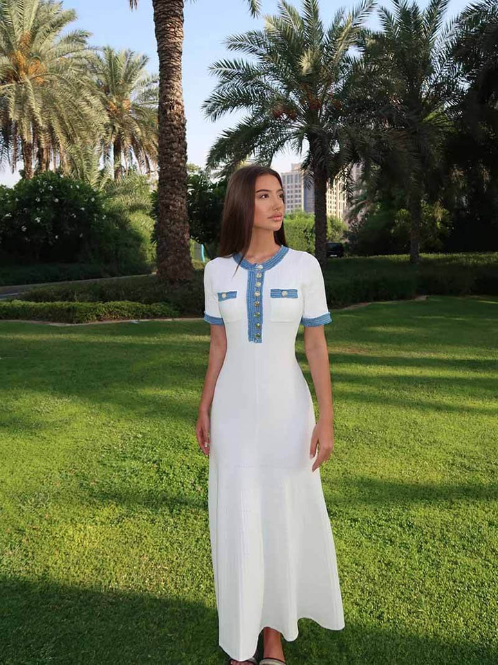 Mirla | Maxi-klänning - Dekorativ stickning med fransar-denim-insats-Eva Jonsson